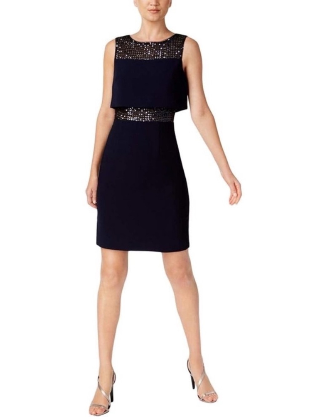 NWT.  Calvin Klein Sleeveless Sequined Neck & Waist Sheath Dress. 4. NWT.